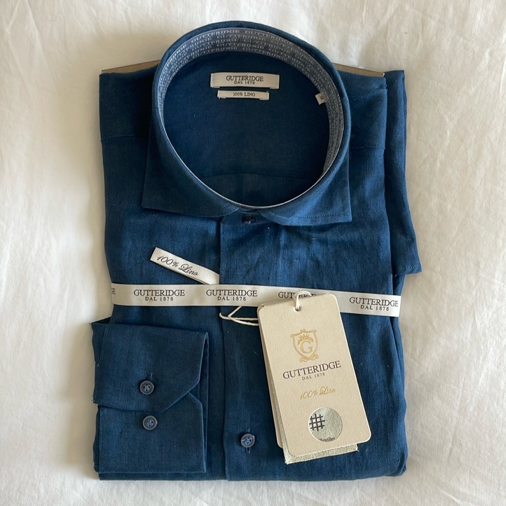 100% linen blue shirt -size 58 S/M - Gutteridge - brand new with tags